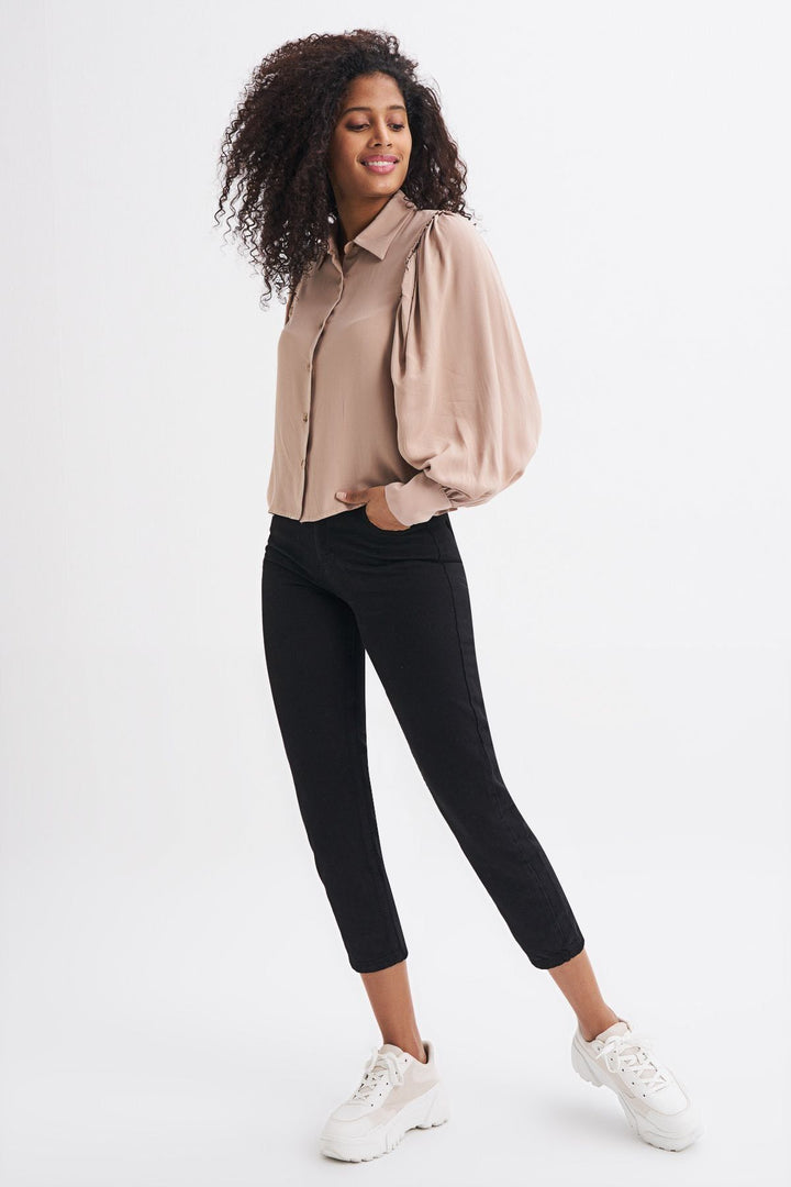 Balon Kol Fırfır Detaylı Gömlek Vizon