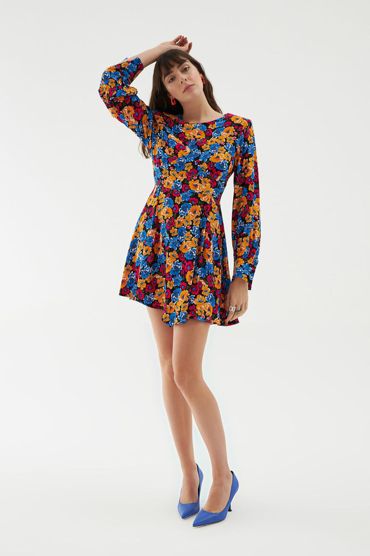 Wadding Asymmetrical Floral Dress Navy Blue