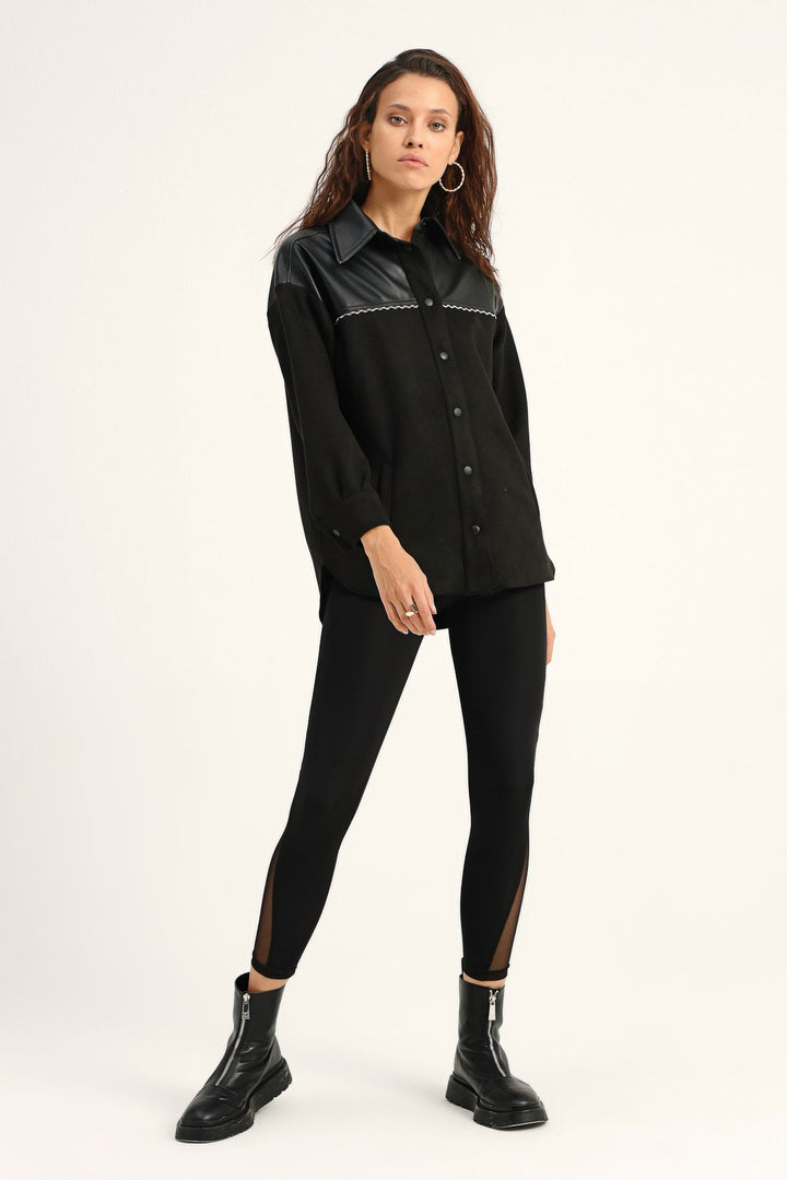Zincir Detaylı Deri Garnili Gömlek Siyah