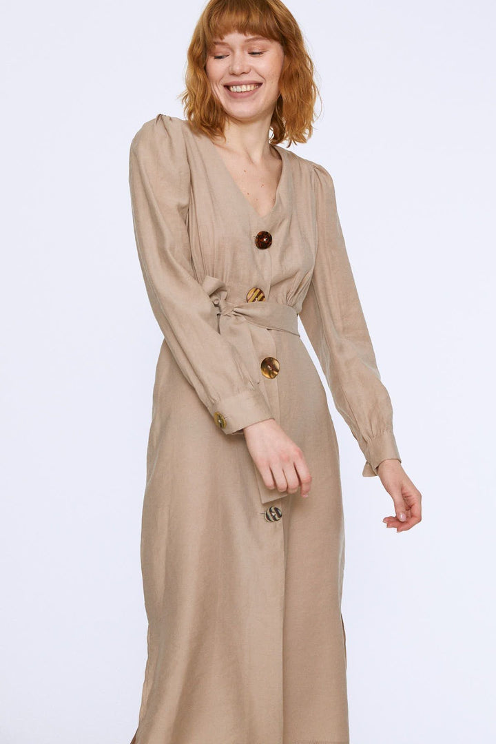Button Front Belted Dress Stone