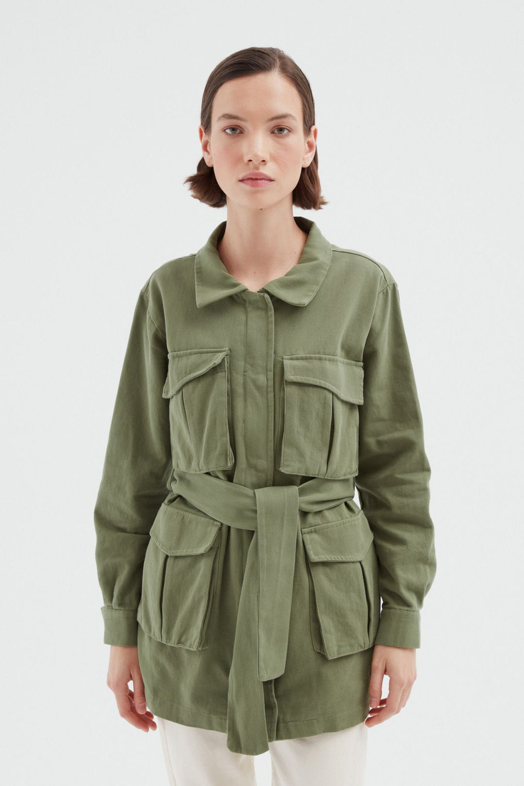 Belted Pocket Long Jacket Khaki