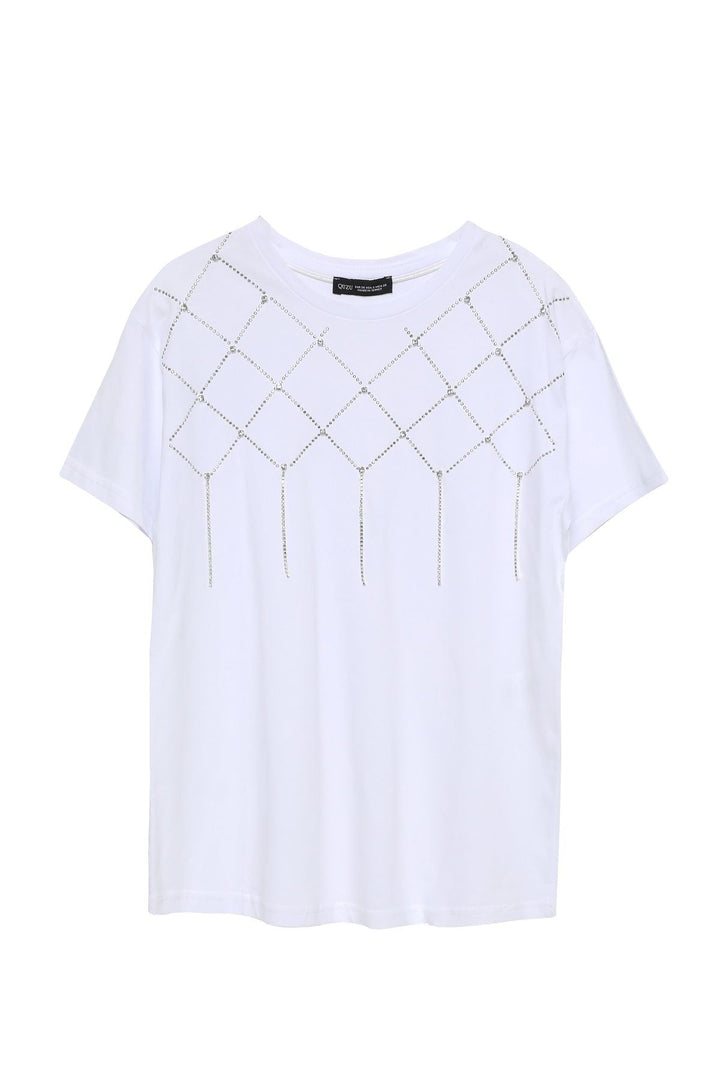 Stone Detailed Crew Neck T-Shirt White