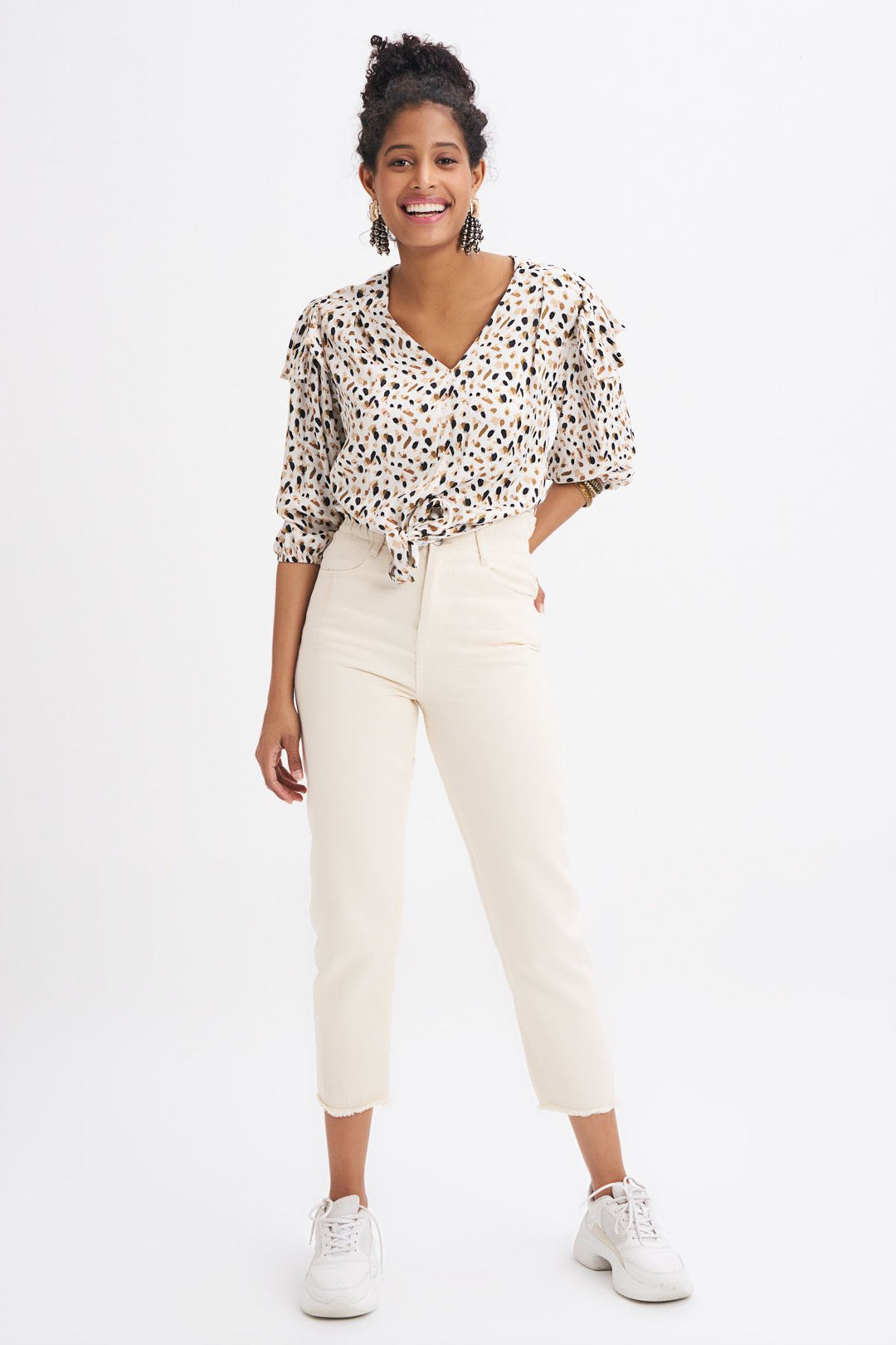 Patterned Tie Front Blouse Ecru