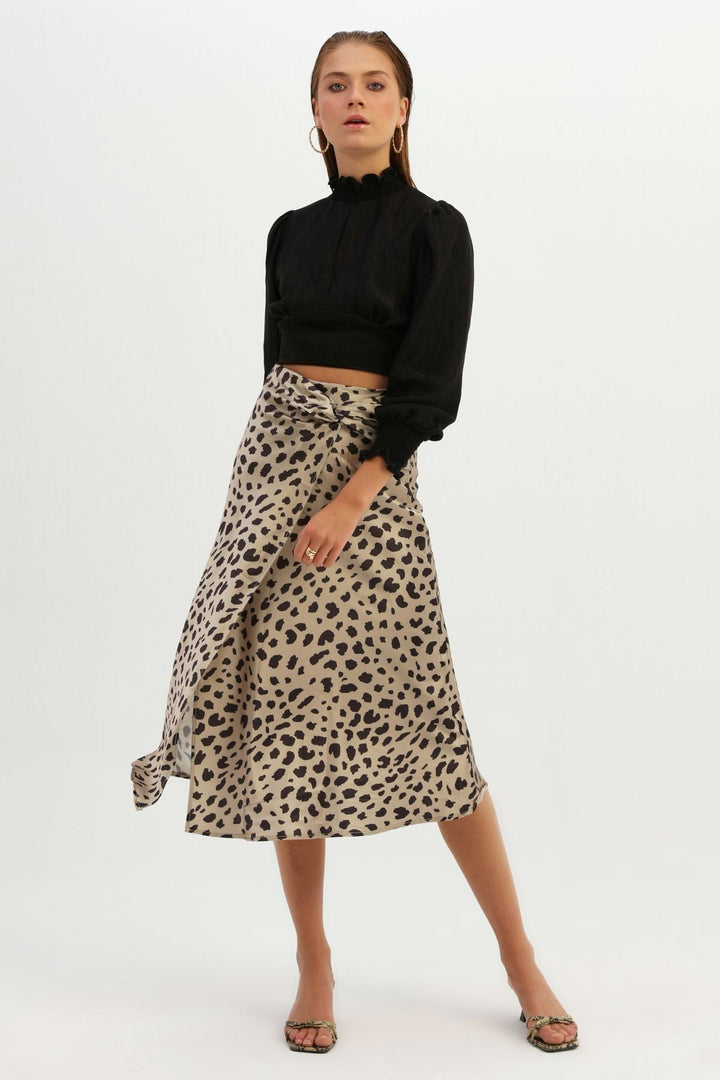 Leopard Patterned Wrap Skirt Beige