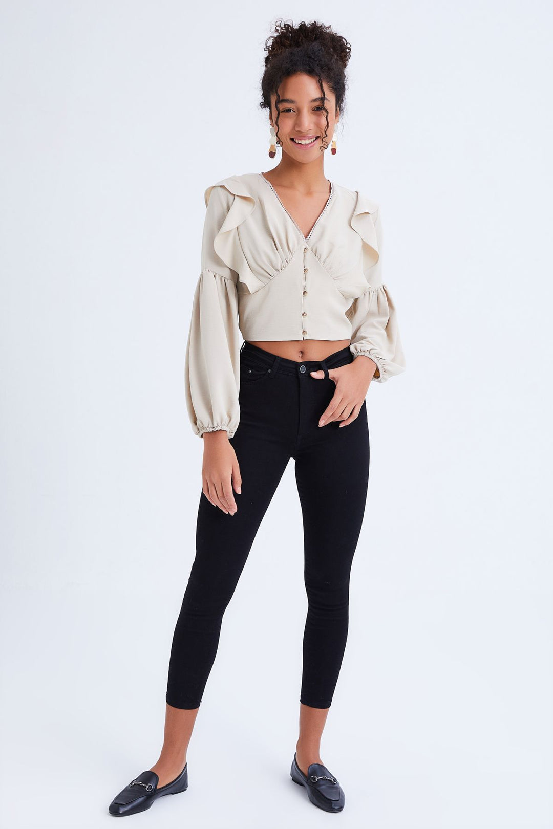 Button Front V-Neck Ruffle Blouse Stone