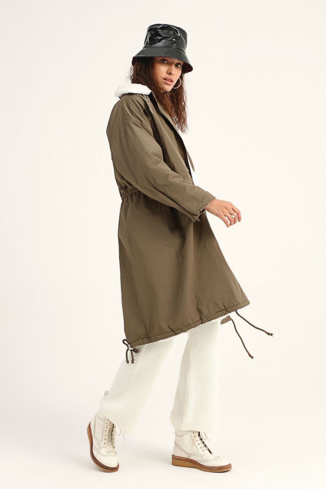 Sheepskin Oversize Long Coat Khaki