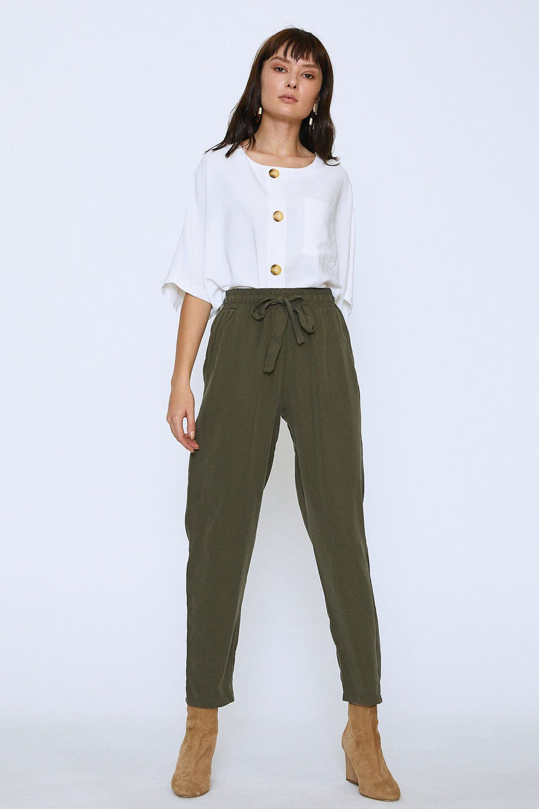 Beli Lastikli Kuşaklı Casual Pantolon Haki