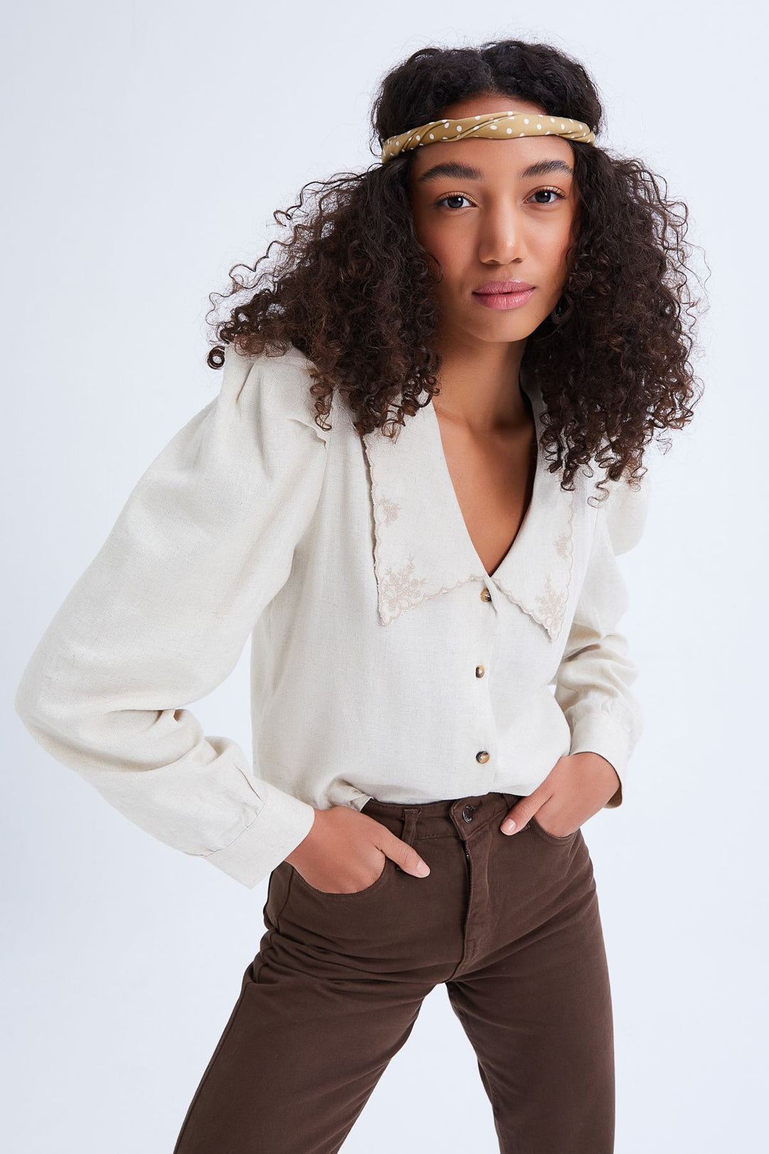 Embroidered Collar Padded Linen Shirt Natural