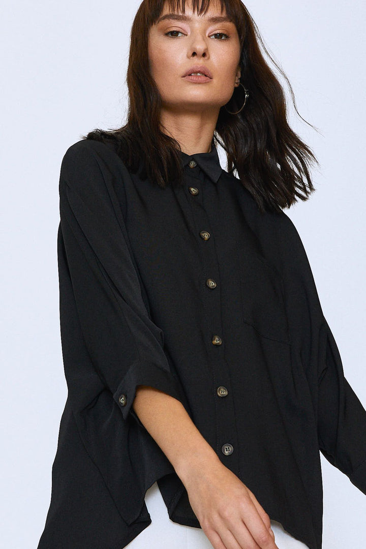 Uzun Oversize Cepli Gömlek Siyah