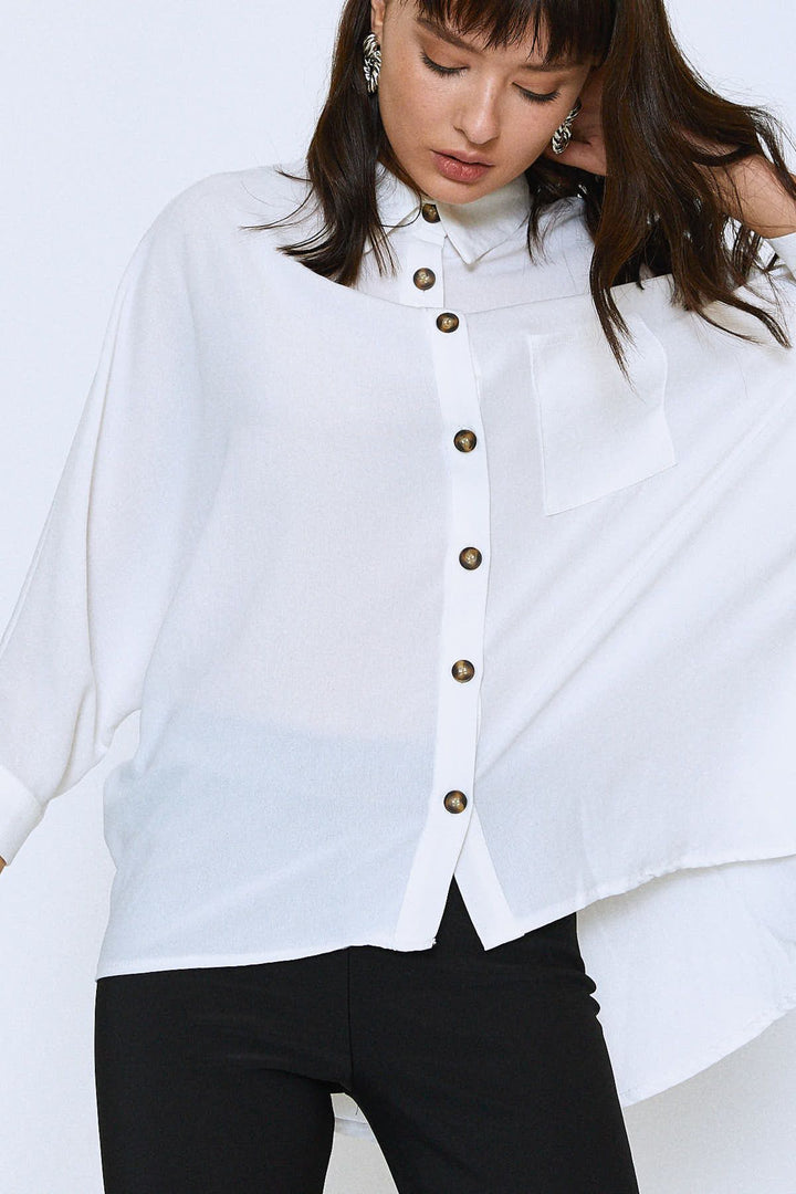 Uzun Oversize Cepli Gömlek Ekru