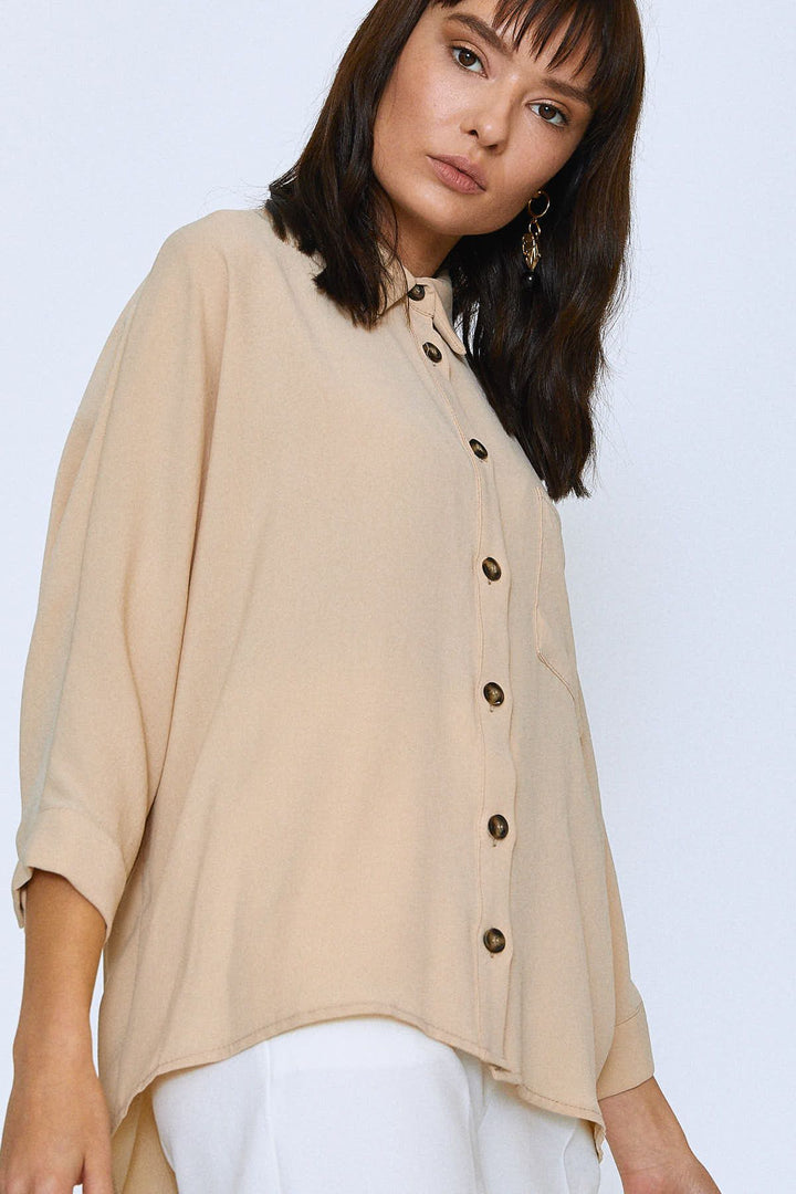 Uzun Oversize Cepli Gömlek Bej