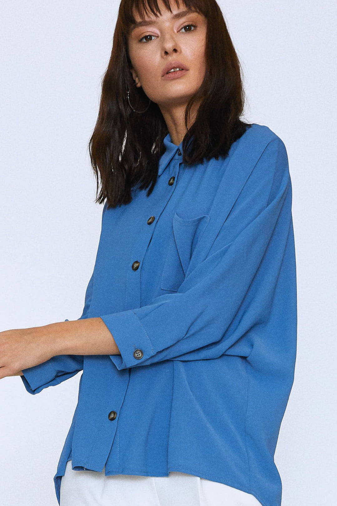 Uzun Oversize Cepli Gömlek İndigo