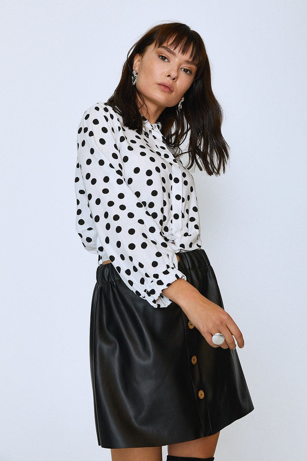Tie Waist Polka Dot Shirt Black