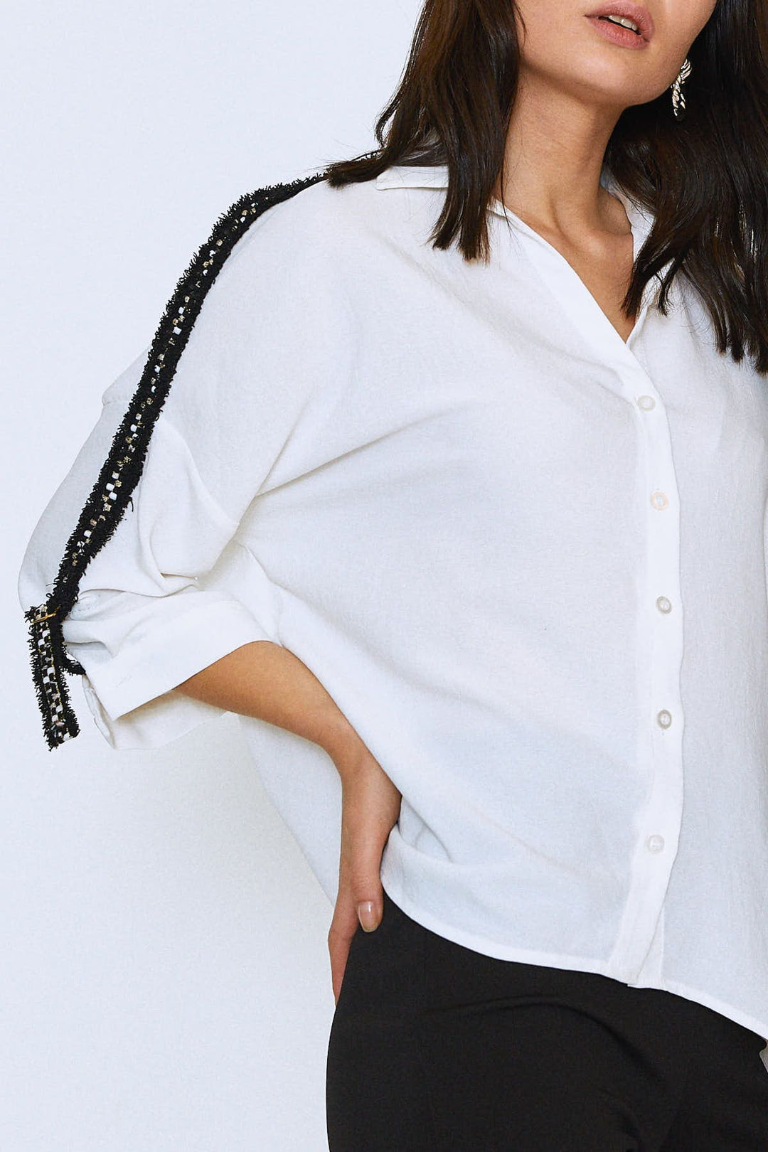 Striped Sleeves V-Neck Shirt Ecru