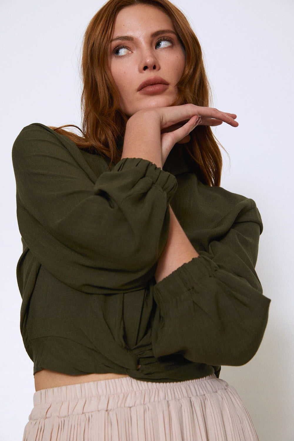 Elastic Sleeve Waist Knotted Shirt Khaki