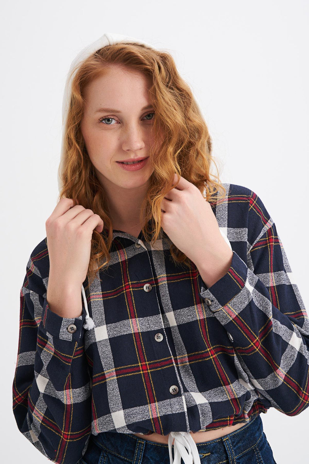 Hooded Plaid Shirt Navy