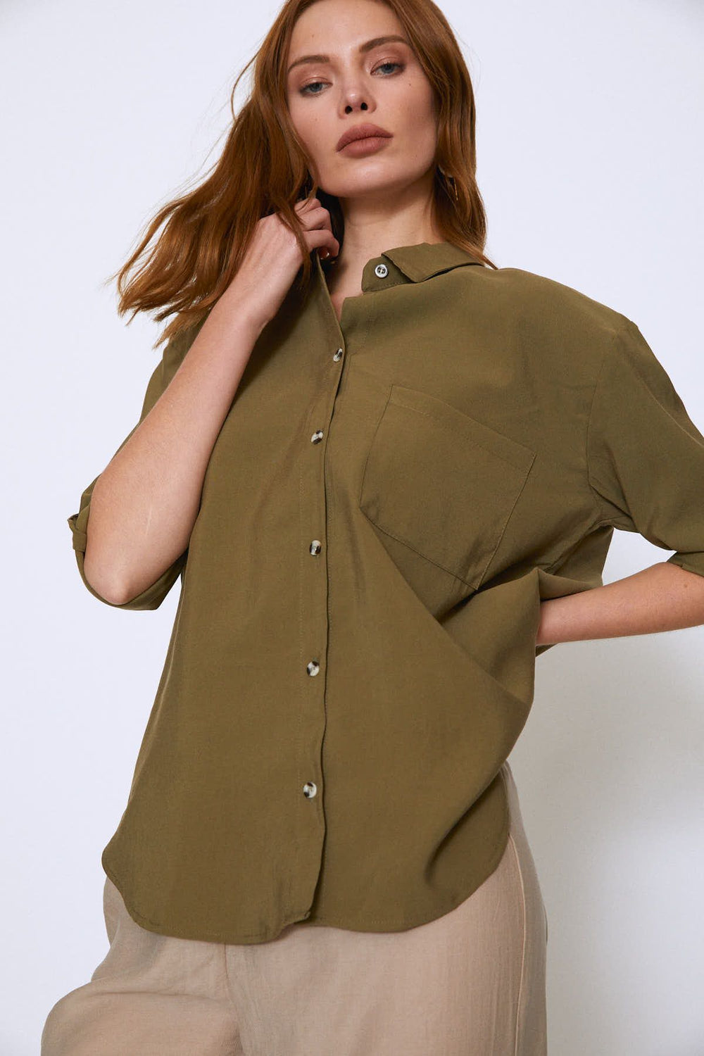 Back Printed Tencel Shirt Khaki
