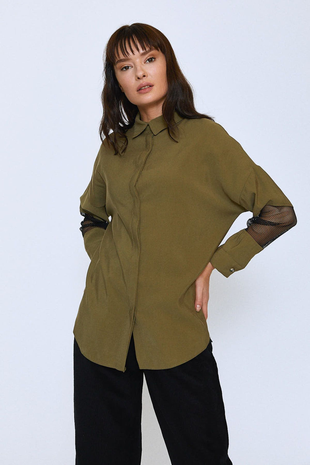 Back Printed Mesh Tencel Shirt Khaki