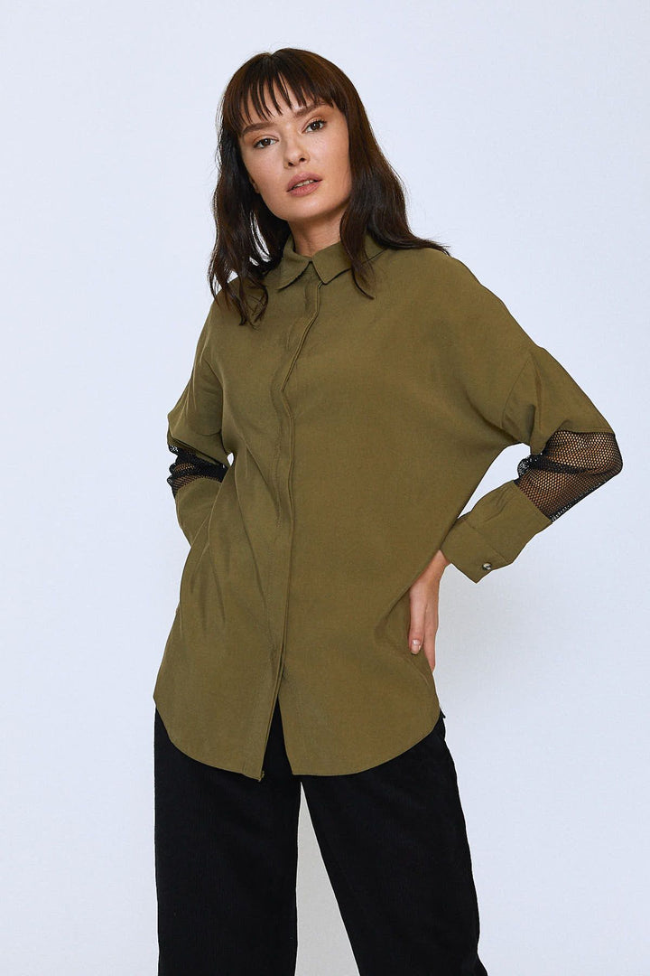 Back Printed Mesh Tencel Shirt Khaki
