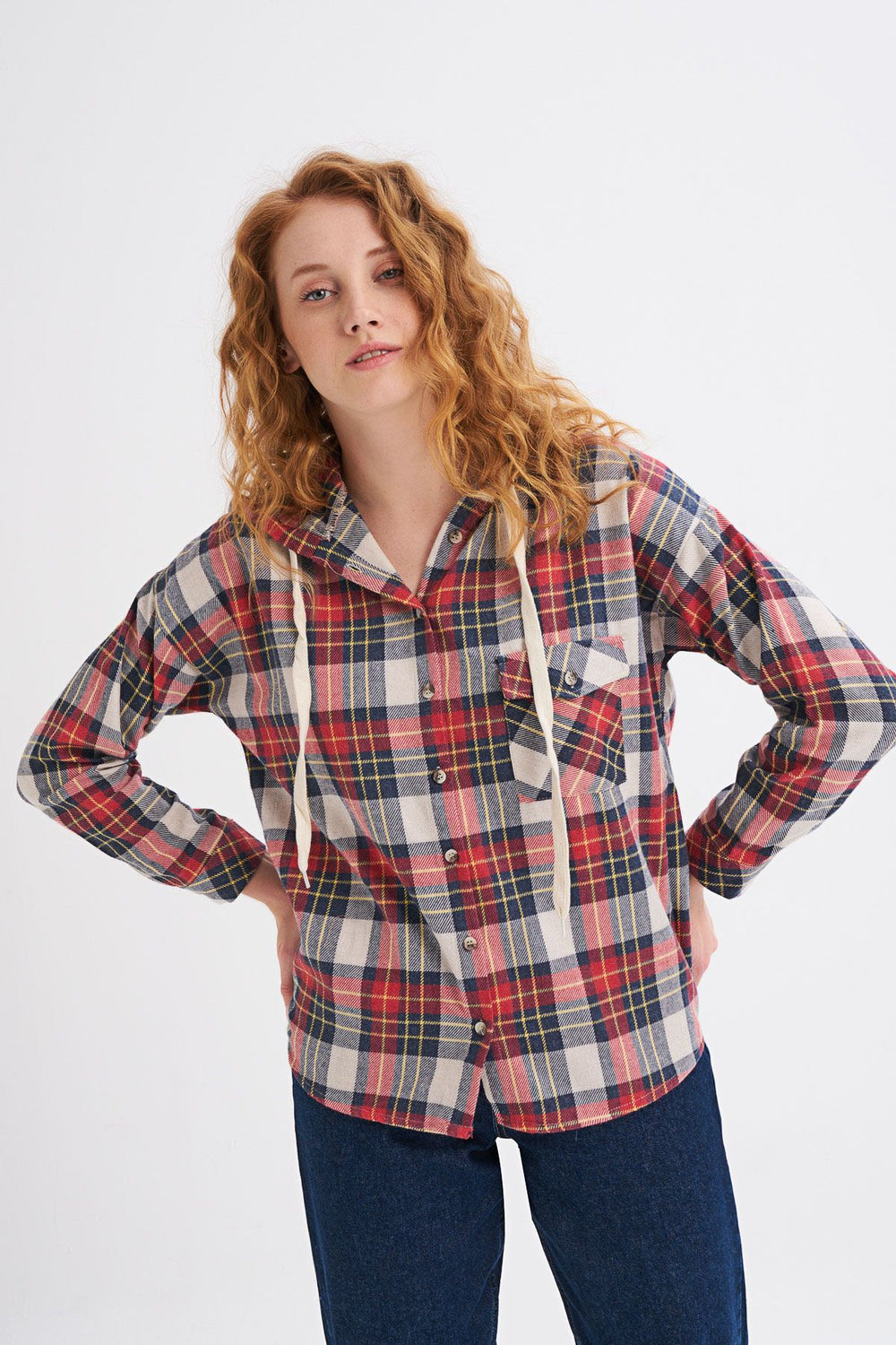 Hooded Plaid Shirt Red