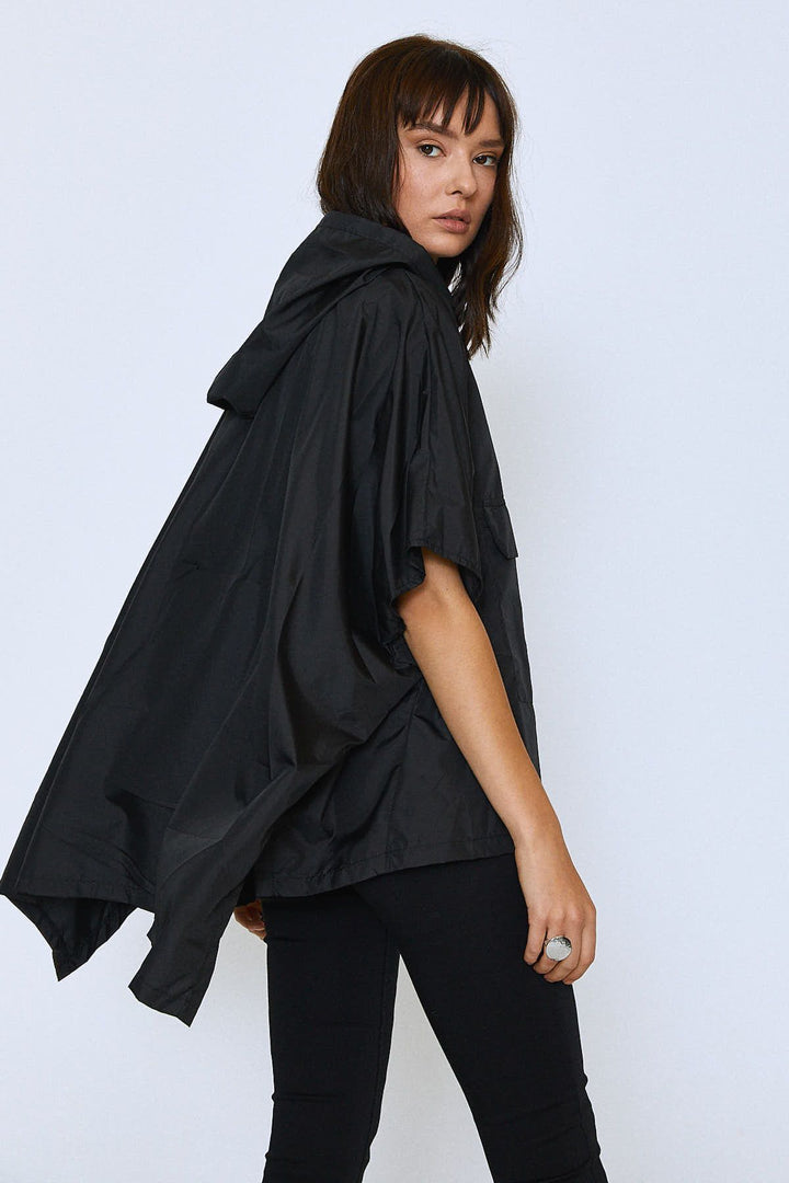 Oversize Kangaroo Pocket Raincoat Black