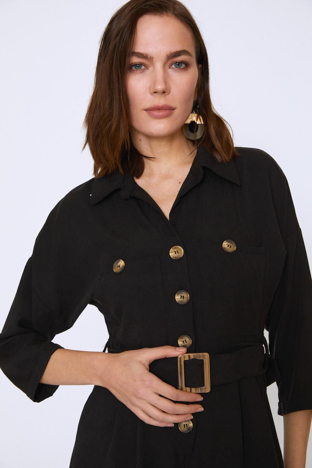 Waist Belted V Neck Jumpsuit Black