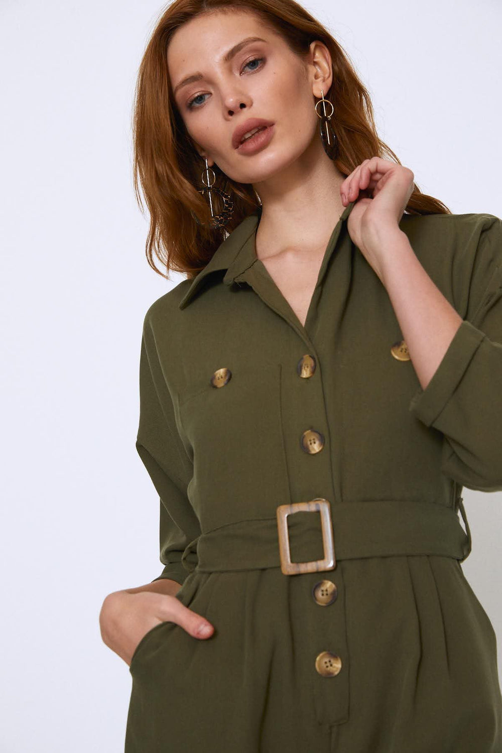 Waist Belted V Neck Jumpsuit Khaki