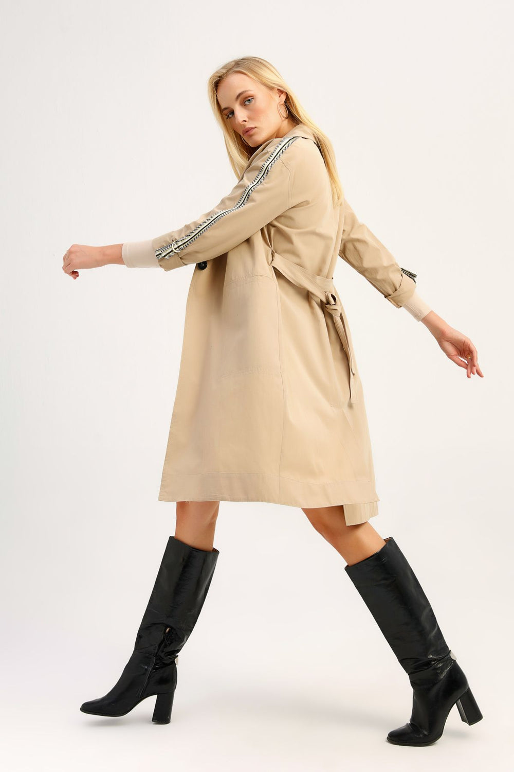 Belted Striped Long Trench Coat Light Camel