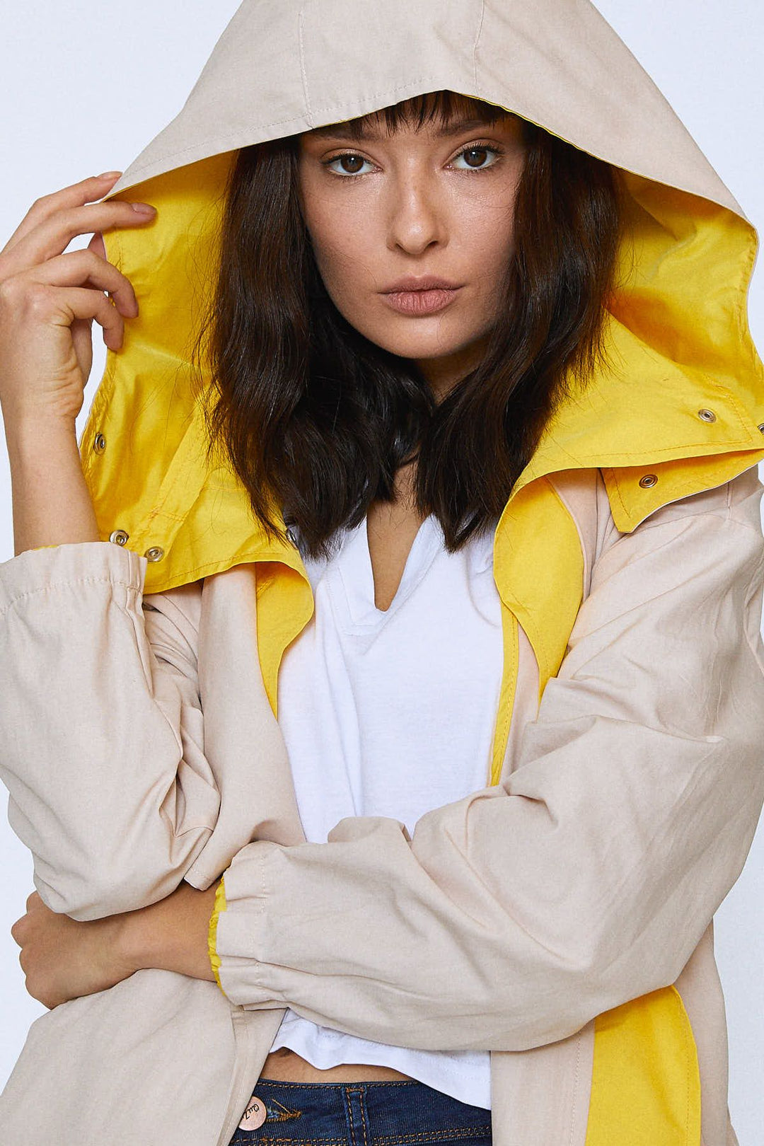 Back Printed Hooded Trench Coat Stone