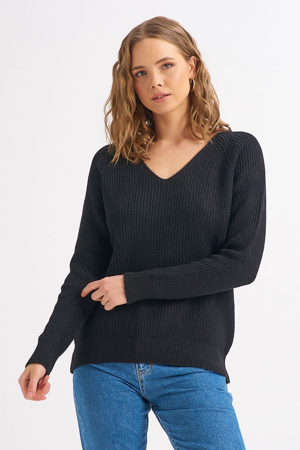 V Neck Long Sweater Black
