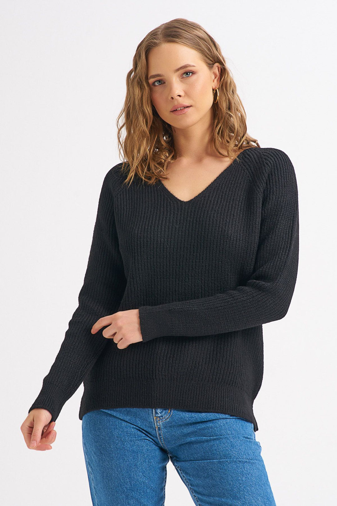 V Neck Long Sweater Black