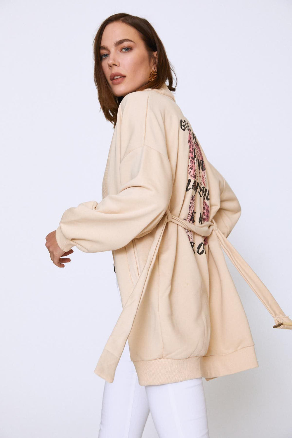 Printed Back Long Sweatshirt Beige