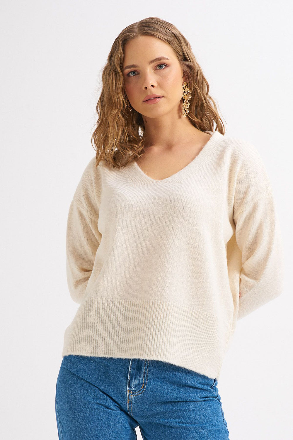 V Neck Sweater Ecru
