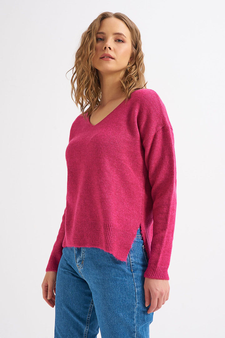 Yanları Yırtmaçlı V Yaka Kazak Fuşya