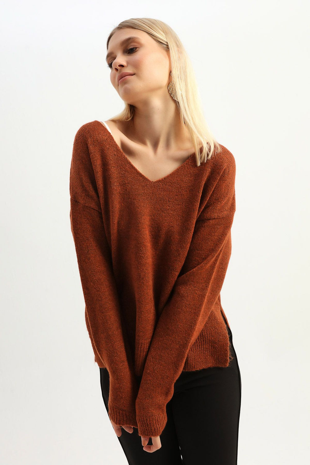V-Neck Sweater with Side Slits Brown