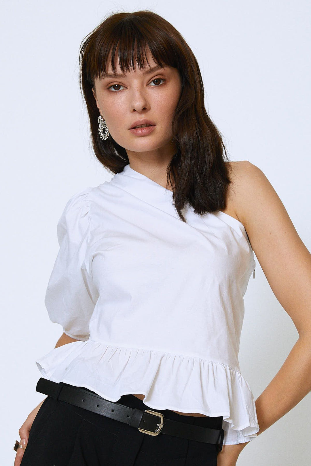 Tek Omuz Peplum Bluz Beyaz