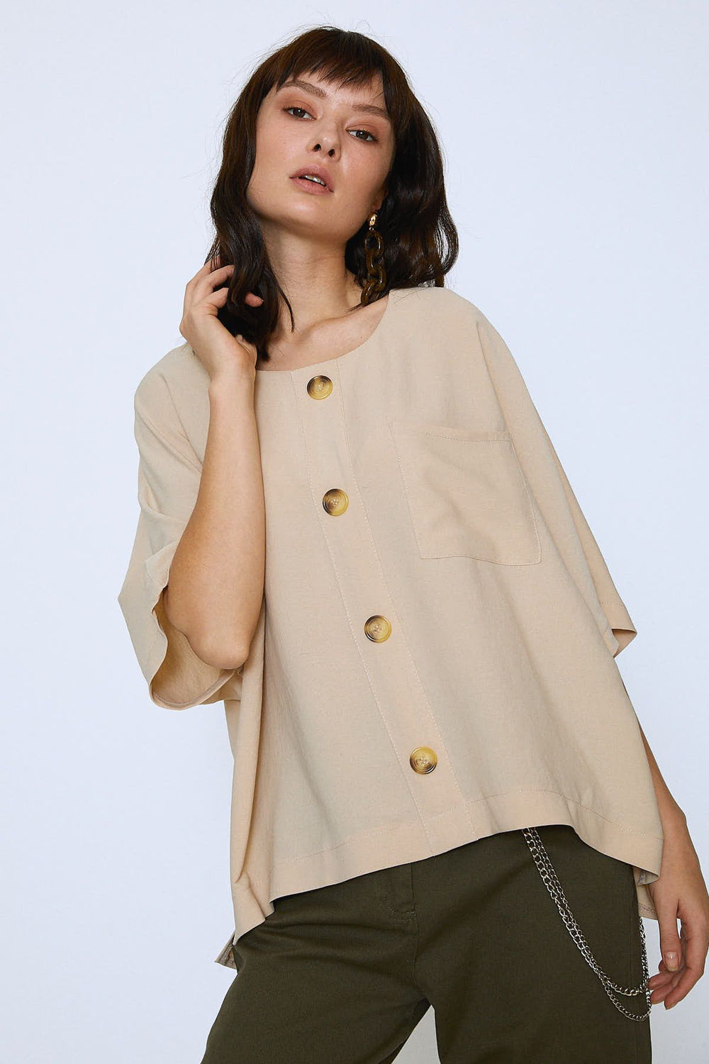 Buttoned Oversize Blouse Stone