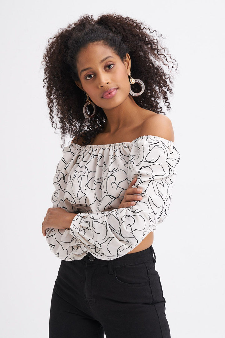 Patterned Tie Back Crop Blouse Ecru