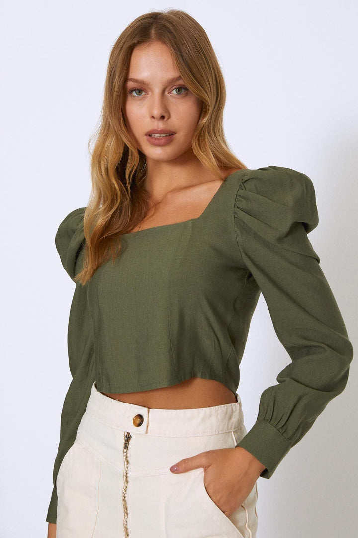 Watermelon Sleeve Square Collar Blouse Khaki