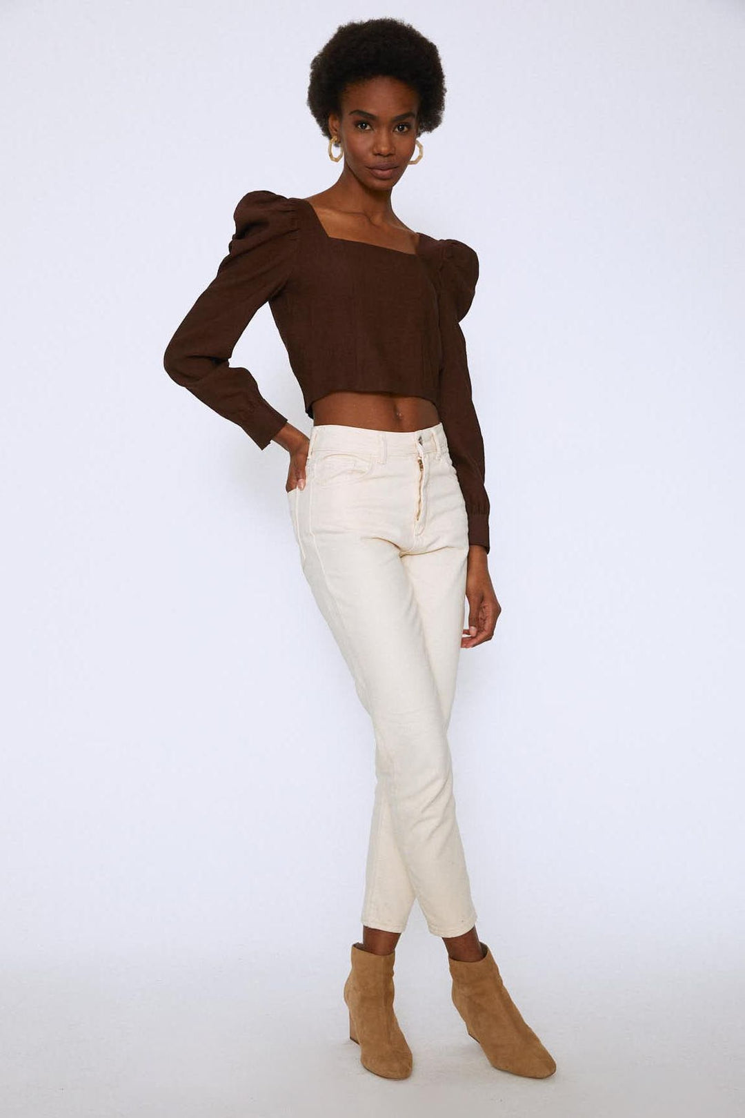 Watermelon Sleeve Square Collar Blouse Dark Brown