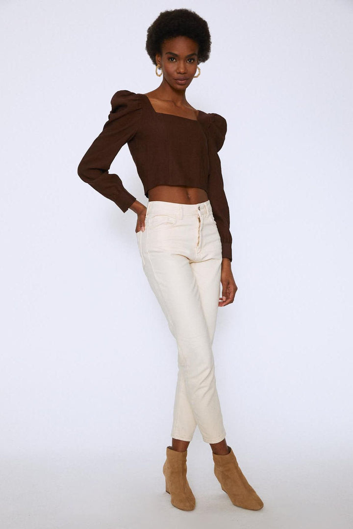 Watermelon Sleeve Square Collar Blouse Dark Brown