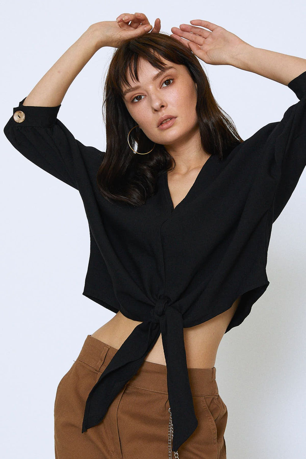 V Neck Bottom Tie Oversize Blouse Black