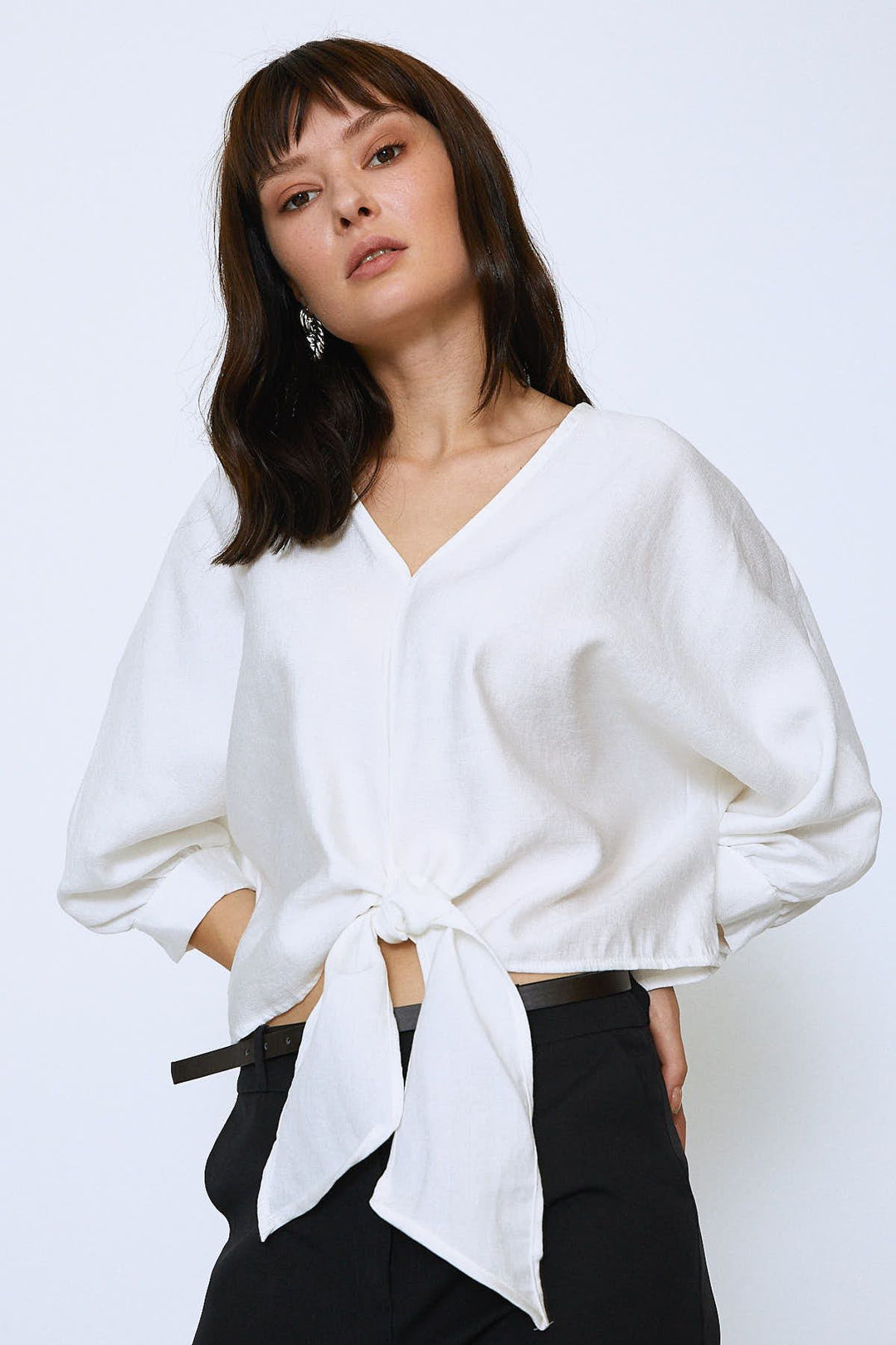 V Neck Bottom Tie Oversize Blouse Ecru