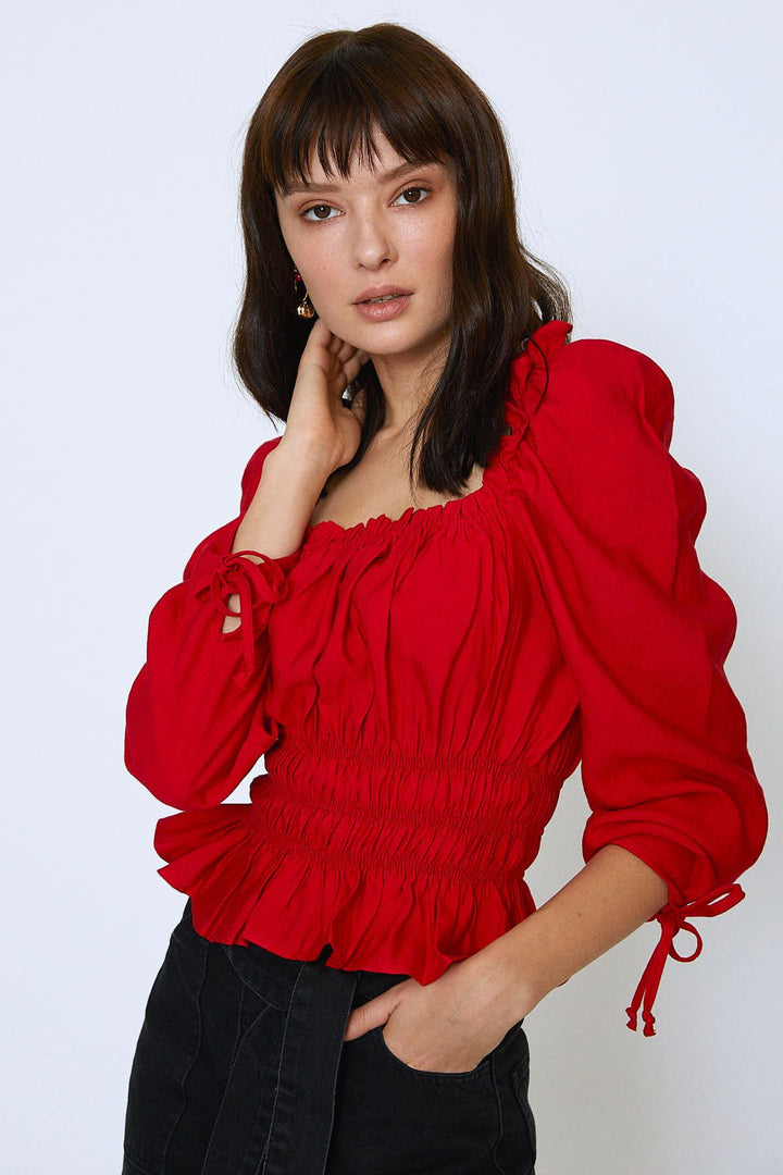 Watermelon Sleeve Square Collar Gipeal Blouse Red