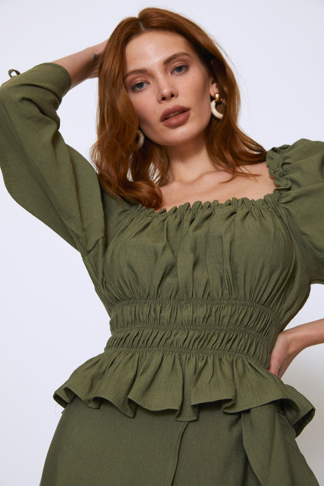 Watermelon Sleeve Square Collar Gipelli Blouse Khaki