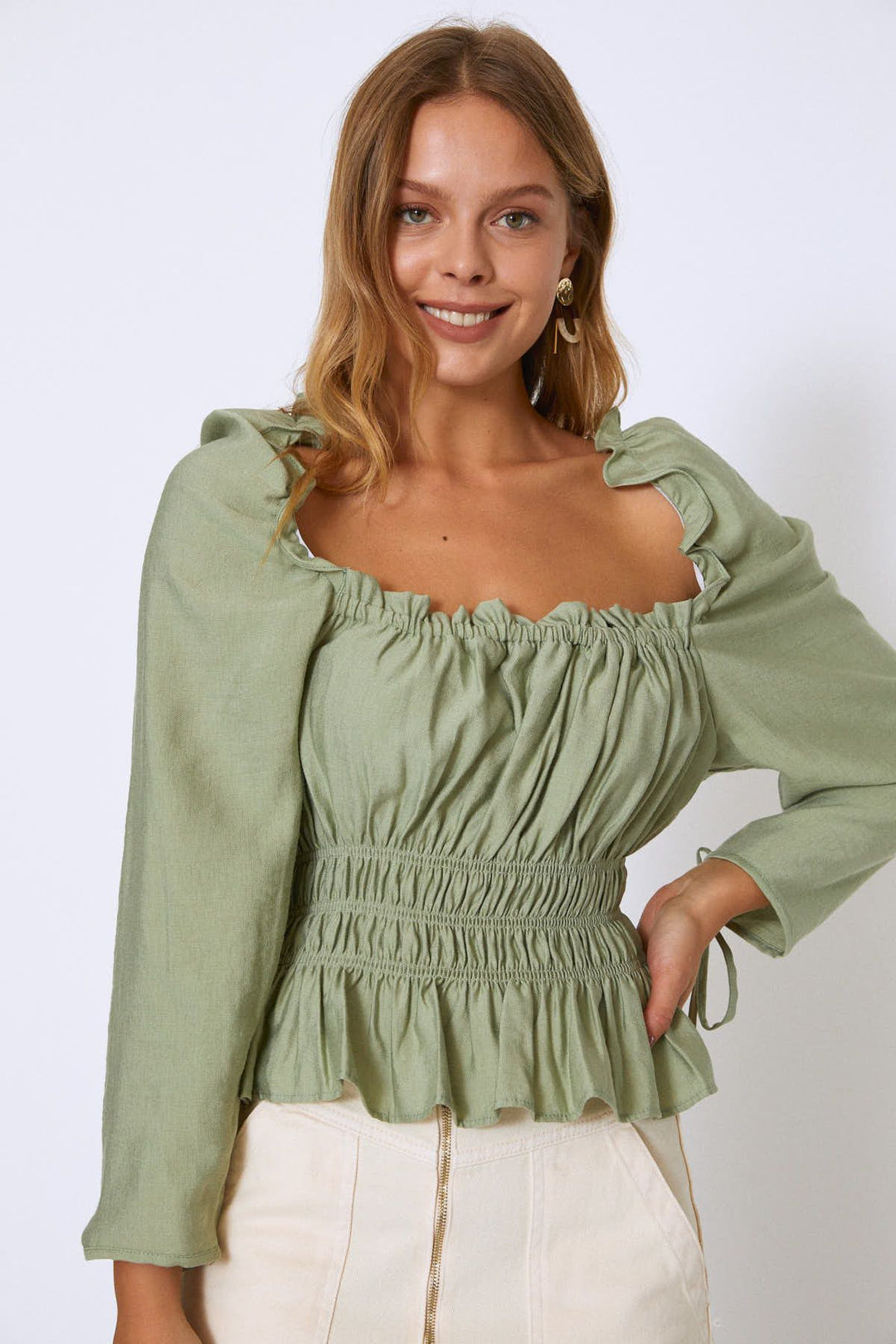 Watermelon Sleeve Square Collar Gipelli Blouse Mint