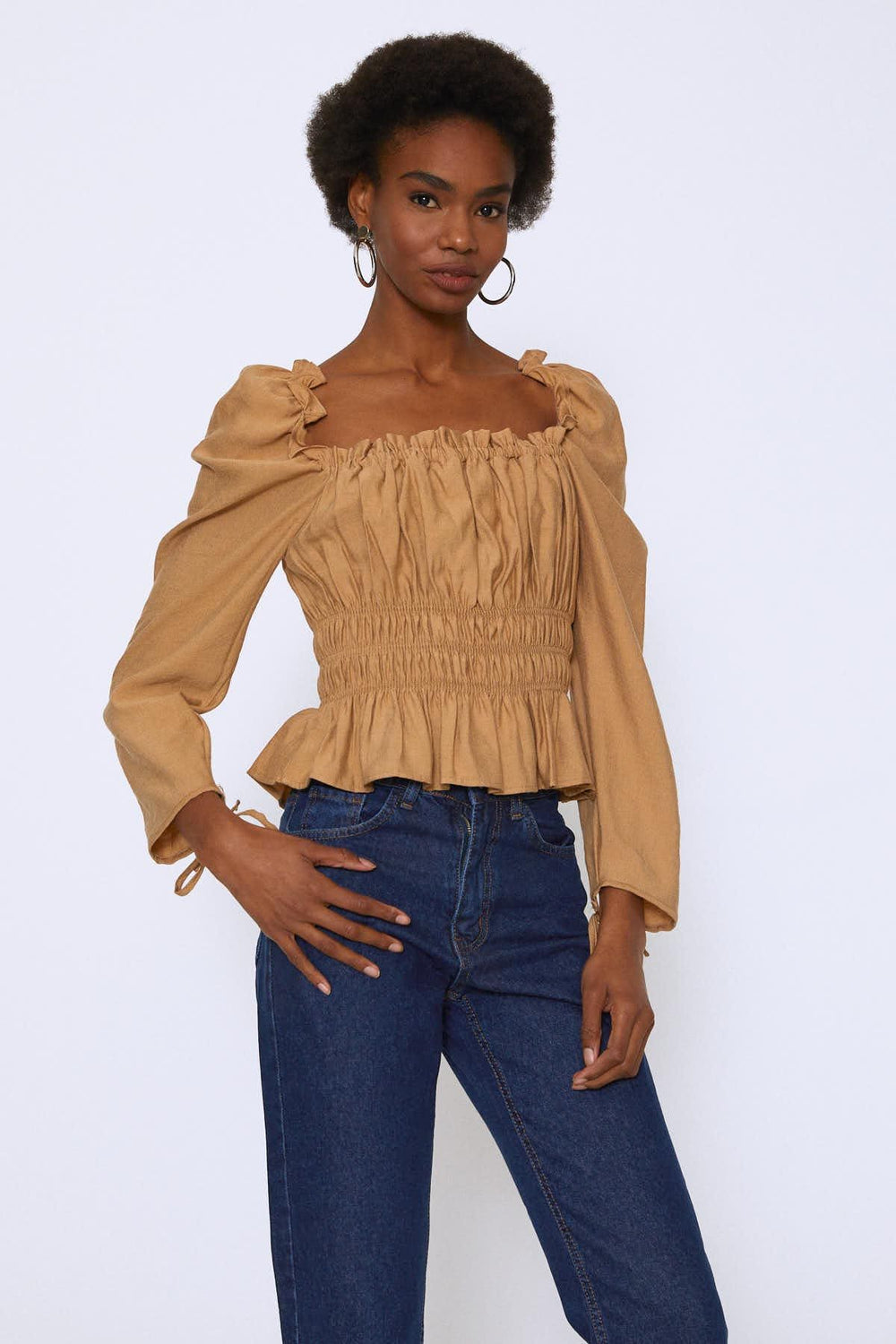 Watermelon Sleeve Square Collar Gipe Blouse Camel