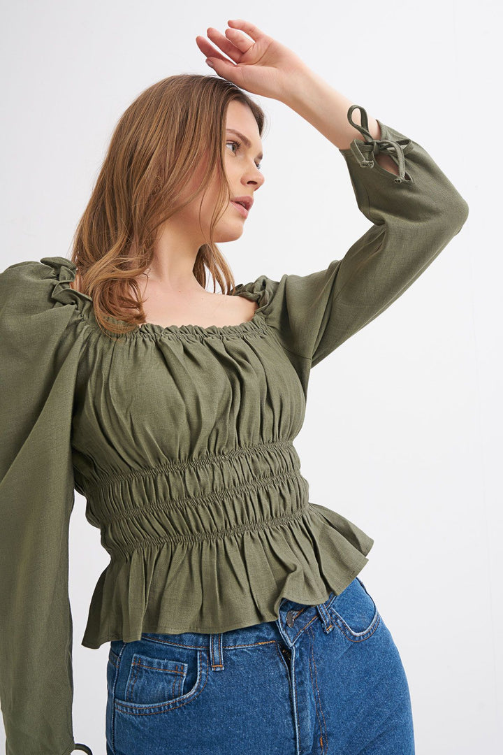 Watermelon Sleeve Square Collar Gipe Blouse Dark Khaki
