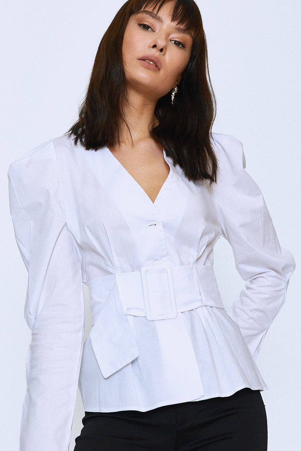 V-Neck Blouse White with Belt Button at Waist