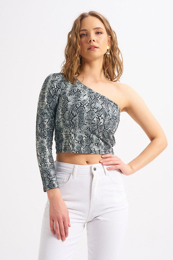 Desenli Tek Omuz Bluz Gri